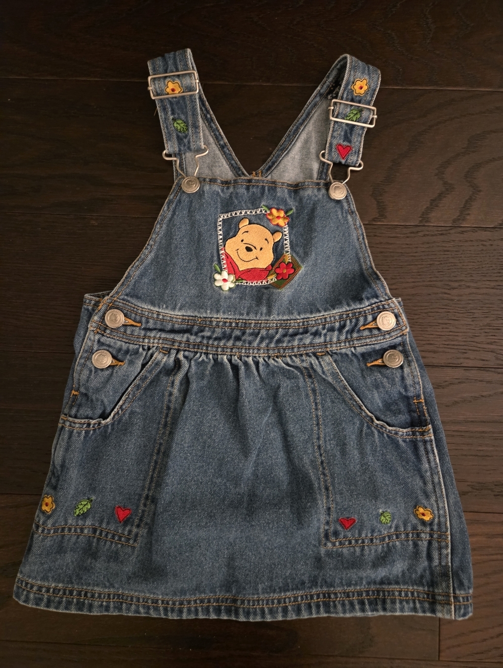 VINTAGE Y2K Disney Winnie The Pooh Denim Overall Skirtall Toddler Dress Size 4t
